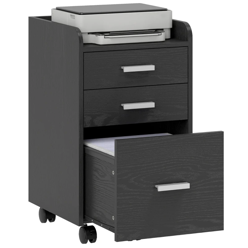 HOMCOM 3 Drawer Filing Cabinet, Rolling File Cabinet with Edged Top for Letter, A4 Size, Hanging File Folders, Black