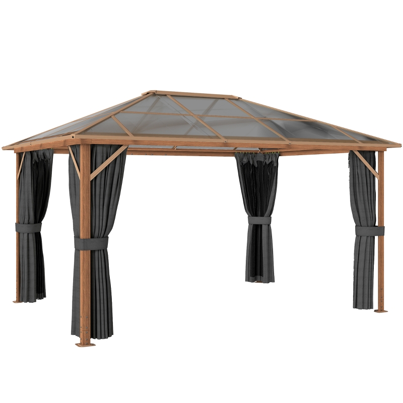Outsunny Gartenpavillon ca. 4x3m Aluminium Pavillon mit Polycarbonat-Dach 6 mm Moskitonetz 4 Seitenteile Holzoptik Naturholz