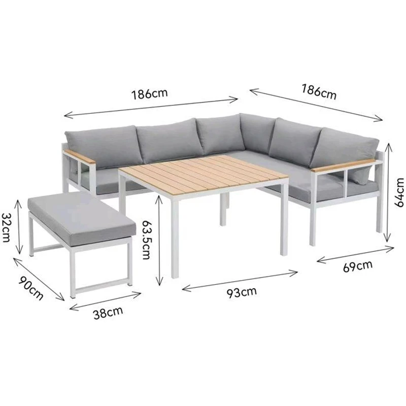 Salon de jardin d'angle 6 personnes - Aluminium - BAIA - canapé d'angle + 1 banc + table haute - Gris
