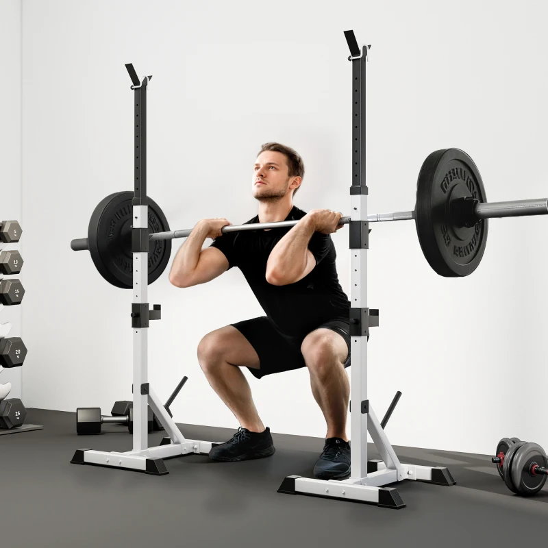 HOMCOM Suporte para Barras de Pesos Ajustável 2 Peças de Aço Treinamento em Casa Peso 200 kg 58,5x75,5x136-176 cm  Prata e Preto