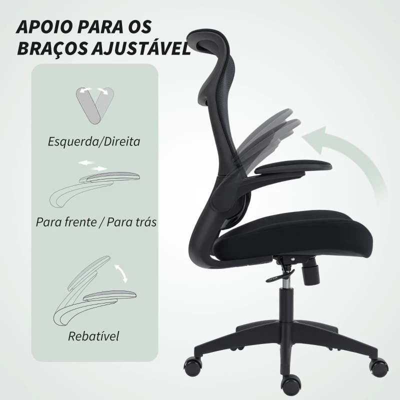 HOMCOM Cadeira de Escritório Ergonómica com Suporte Lombar e Apoios de Braços 3D Dobráveis Função de Basculante 64x65x108-118 cm Preto