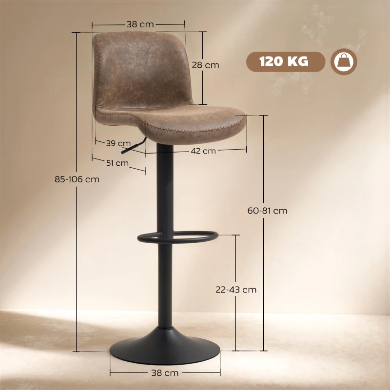 HOMCOM Bar Stools Set of 2, PU Leather Barstools with Backrest and Footrest for Kitchen, Counter, Breakfast Bar, Brown