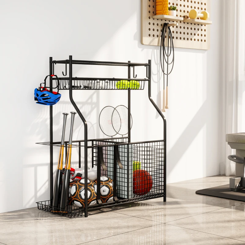 SPORTNOW Organizador de Equipamentos Desportivos com Cesta Ganchos Removíveis e Faixas Elásticas Suporte para Bolas 92x42x109 cm Preto