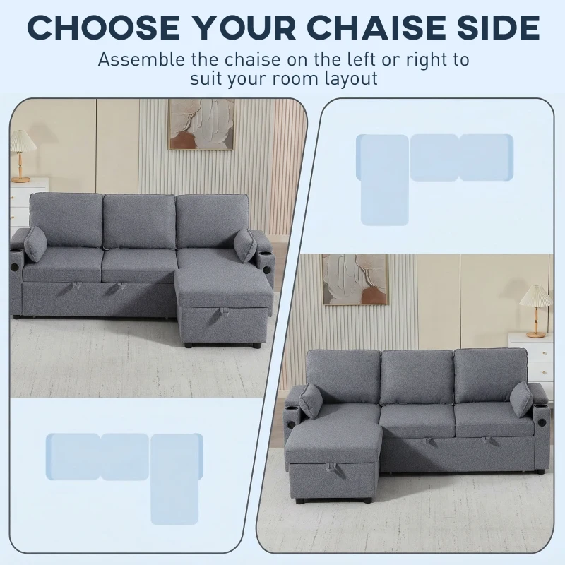HOMCOM Corner Sofa Bed, L Shaped Sleeper Sectional Sofa with Reversible Storage Chaise, Grey