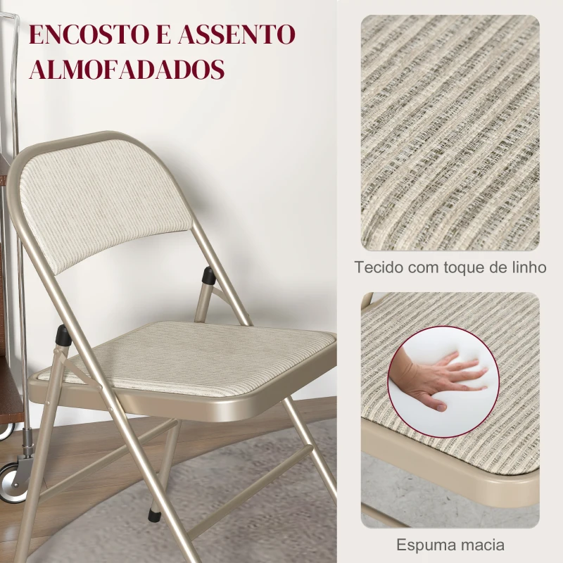 HOMCOM Conjunto de 4 Cadeiras Dobráveis com Encosto e Assento Acolchoado em Linho Sintético e Estrutura em Aço 45x46x78 cm Bege