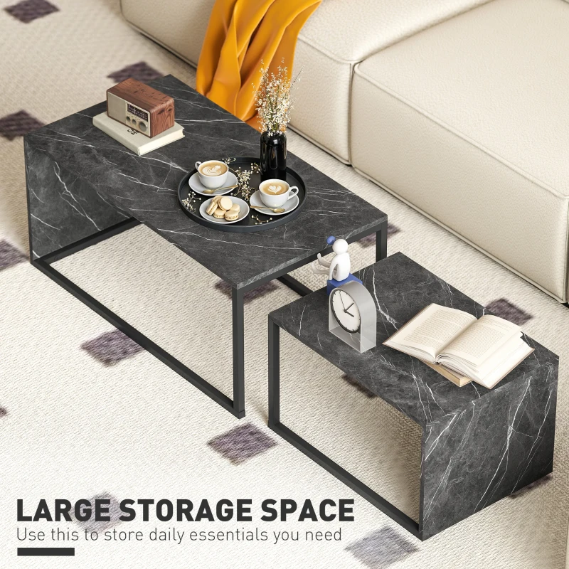 HOMCOM Nesting Coffee Table Set of 2, Industrial Stacking Side End Tables with Metal Frame for Living Room, Bedroom, Dark Grey Marble Effect