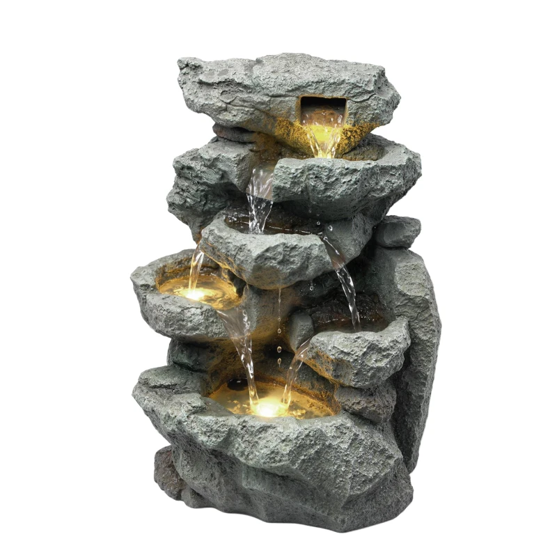 Outsunny Outdoor Fountain with 6-Tier Rock Design, Waterfall Feature with LED Lights, Resin Freestanding Garden Fountain, Grey