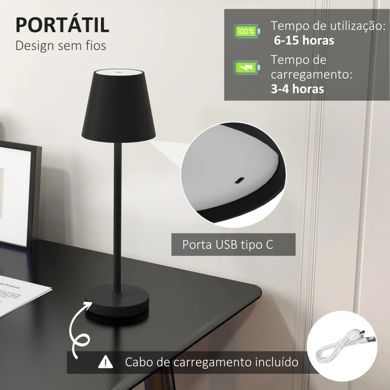 HOMCOM Candeeiro de Mesa com Luzes LED Candeeiro de Mesa Sem Fios Recarregável por USB-C 3 Cores Ø11,2x36,5 cm Preto