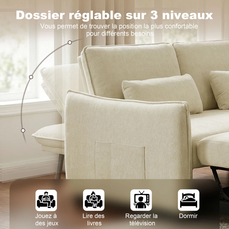 HOMCOM Canapé convertible 2 places 3 en 1, canapé-lit clic clac en chenille avec dossier réglable, porte-gobelets, beige