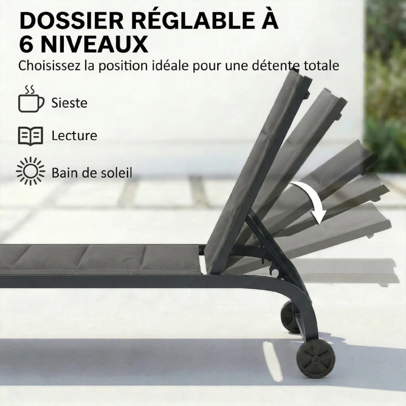 Outsunny Bain de Soleil en Aluminium, Dossier Réglable 6 Positions avec Roues, Rembourrage Intégré, 62x165x94cm, Gris Foncé