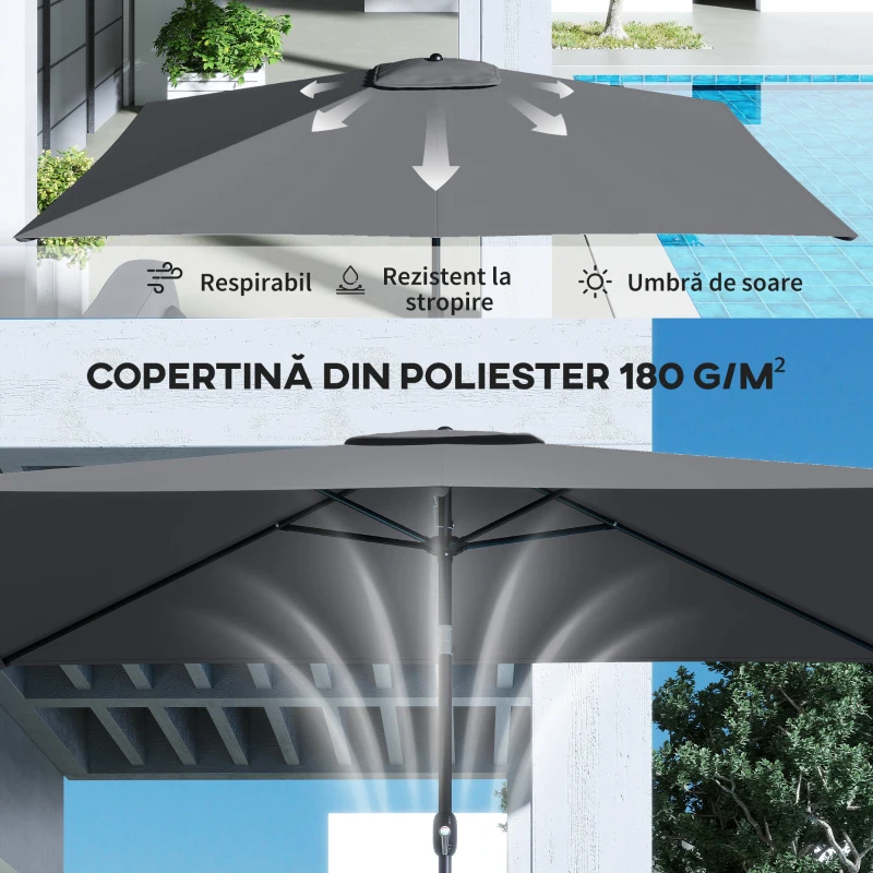 Outsunny Umbrelă dreptunghiulară de grădină 3x2 m cu manivelă, din metal și poliester, gri închis