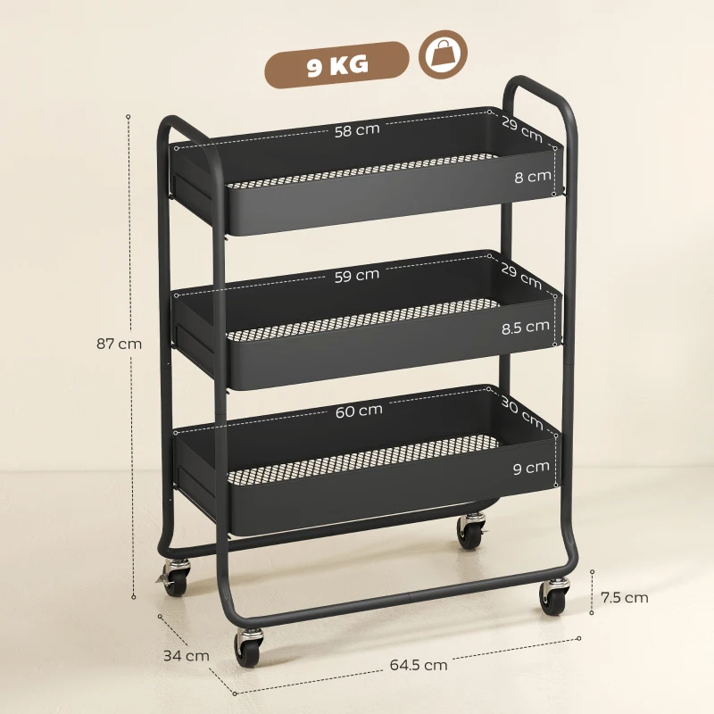 HOMCOM 3-Tier Storage Trolley on Wheels, Rolling Utility Cart with Mesh Backets for Kitchen, Bathroom, Bedroom, Black