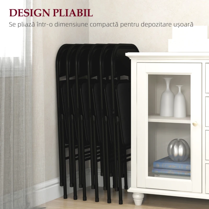 HOMCOM Set de 6 Scaune Pliabile cu Șezut Tapițat din Poliester și Cadru din Oțel, Negru