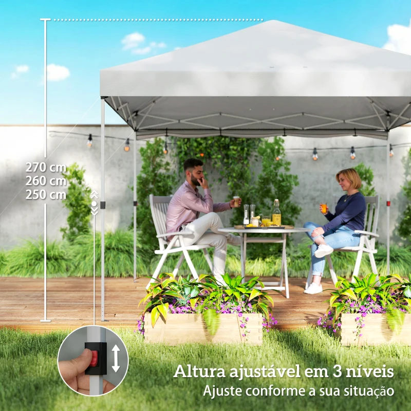 Outsunny Tenda Dobrável 3x3 m Pop-up com Parede Lateral Proteção UPF50+ Empurre Central Altura Ajustável Branco