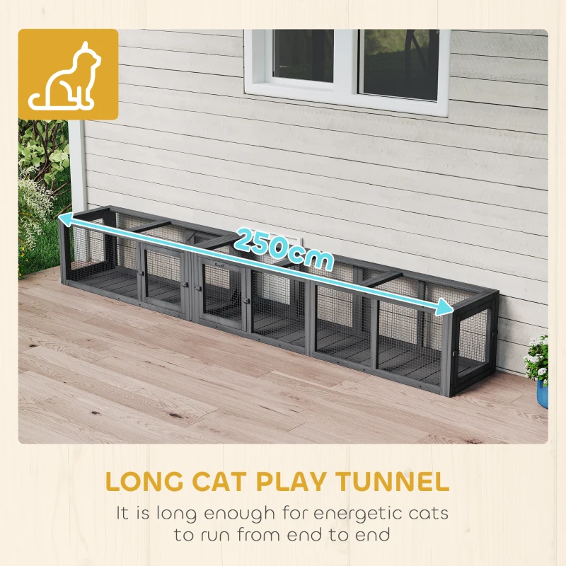 PawHut Cat Tunnel, 250cm Extra Long Wooden Cat Play Tunnel with 8 Doors, L-shape/Rectangle, Outdoor Cat Enclosure, Dark Grey