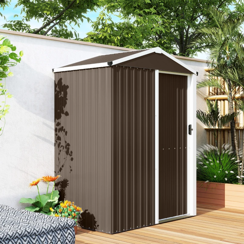 Outsunny Casetta da Giardino in Acciaio 1.1m² con Porta Scorrevole Bloccabile, 136x87x179 cm, Marrone