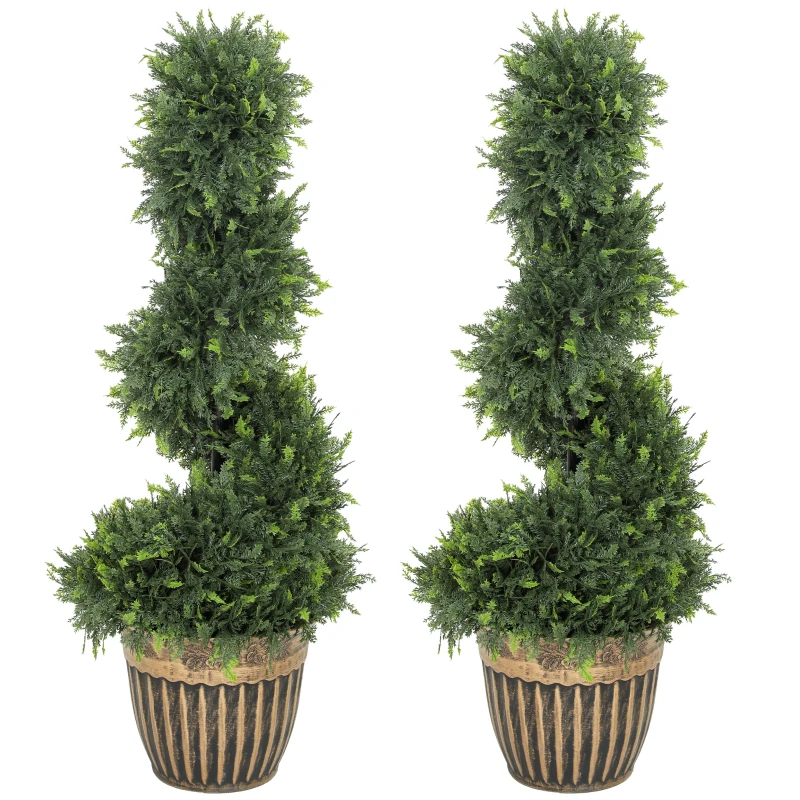 HOMCOM Set of 2 Artificial Plants, Topiary Spiral Boxwood Cypress Trees with Pot, for Home Indoor Outdoor Decor, 90cm