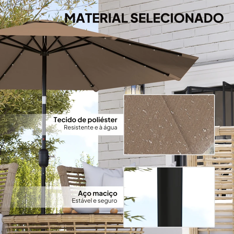 Outsunny Chapéu de Sol com 32 Luzes LED Solares Ø265 cm, Inclinável com Manivela e Mastro de Aço para Terraço, Pátio e Exterior Cáqui