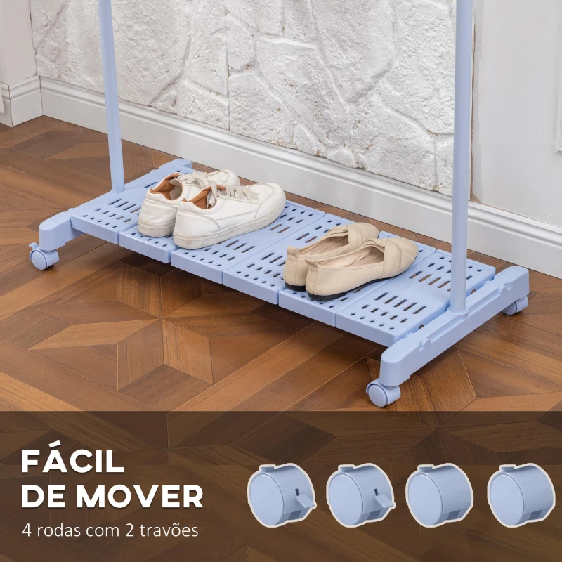 HOMCOM Charriot com Rodas com Barra de Aço Inoxidável e Prateleira para Sapatos Altura Ajustável 94-159x42x93-168 cm Azul