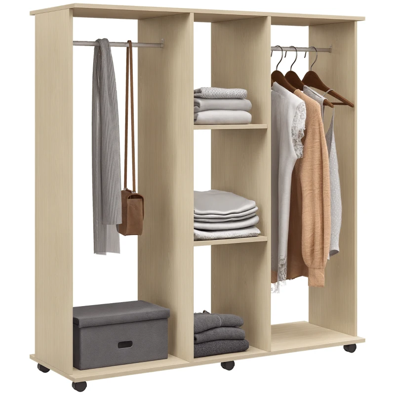 HOMCOM Open Wardrobe Double Mobile Storage Shelves Organizer W/6 Wheels-Natural