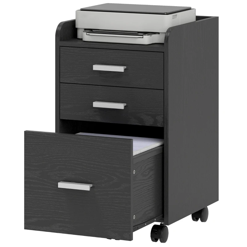 HOMCOM 3 Drawer Filing Cabinet, Rolling File Cabinet with Edged Top for Letter, A4 Size, Hanging File Folders, Black
