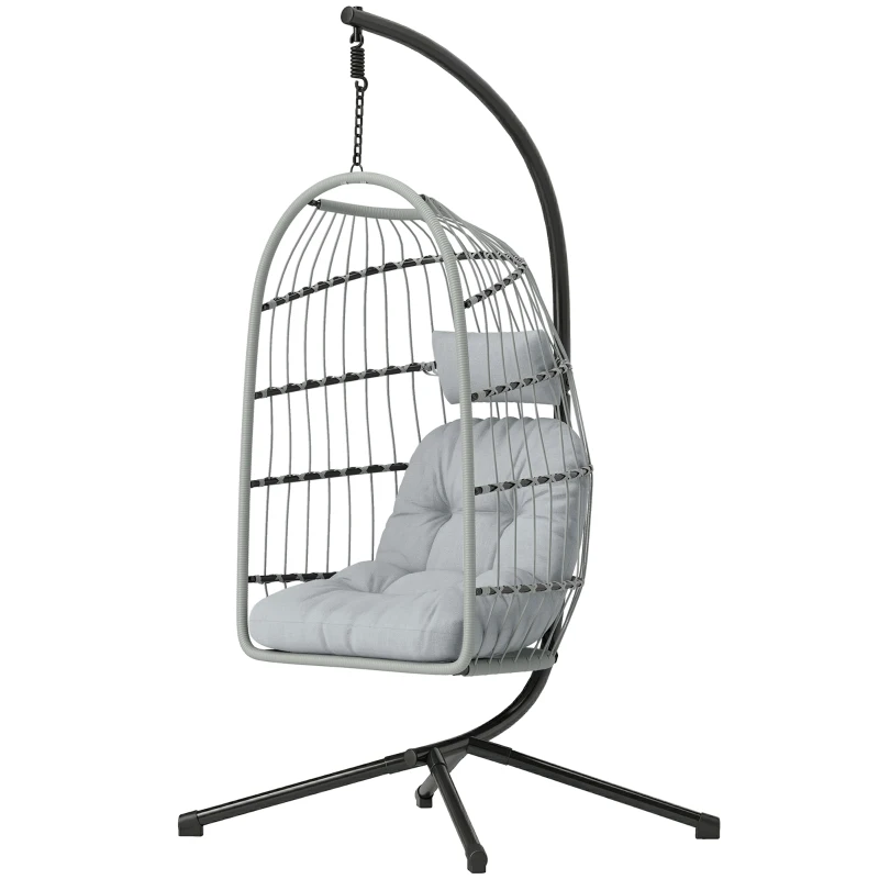 Outsunny Hanging Egg Chair, Indoor Outdoor Hammock Swing Chair with Stand, Safety Strap, Foldable Basket, Light Grey