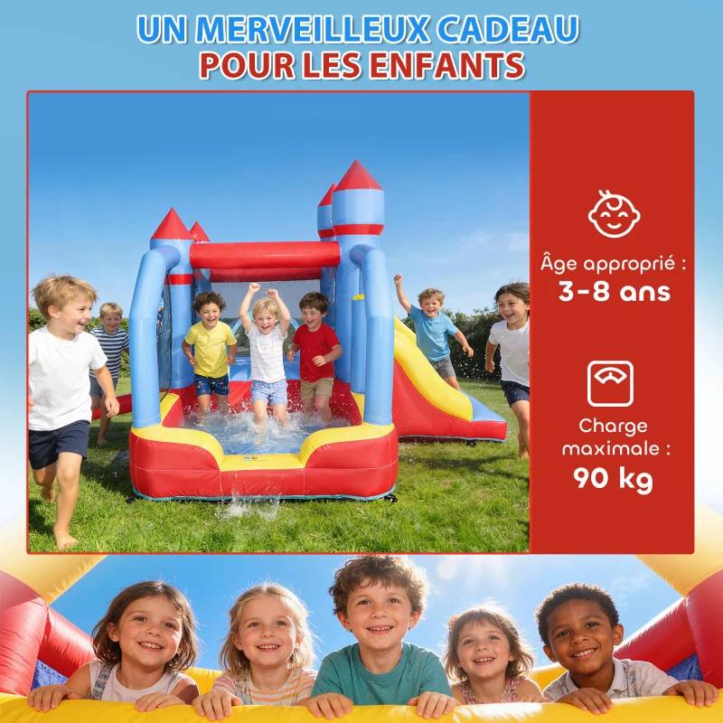 AIYAPLAY Château gonflable 5 en 1 avec souffleur, parc aquatique structure gonflable, toboggans, trampoline, multicolore