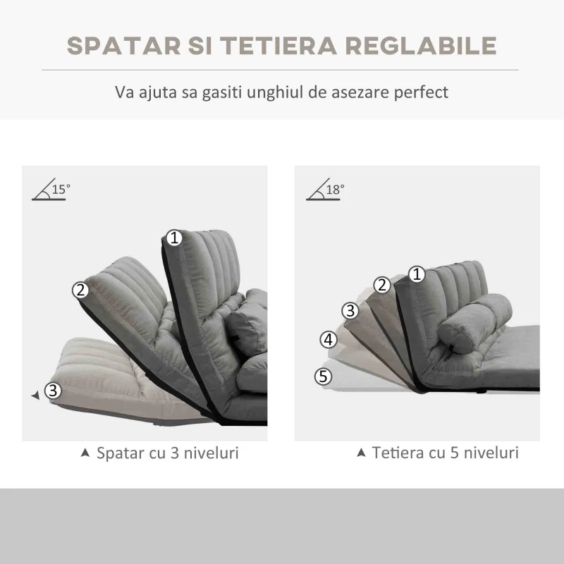 HOMCOM, Divan de Podea 2 în 1, cu Spătar Reglabil în 7 Niveluri și Perne, 130x73x60 cm, Gri Carbone