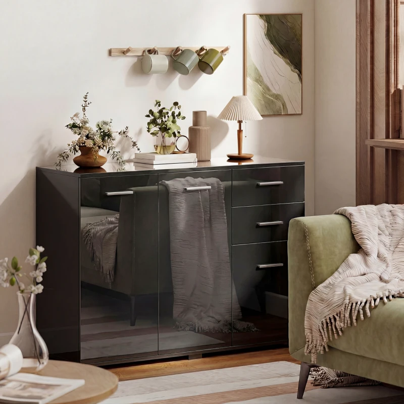 HOMCOM Sideboard, Modern Storage Cabinet with 2 Drawers, 3 Doors and Adjustable Shelves, High Gloss Black
