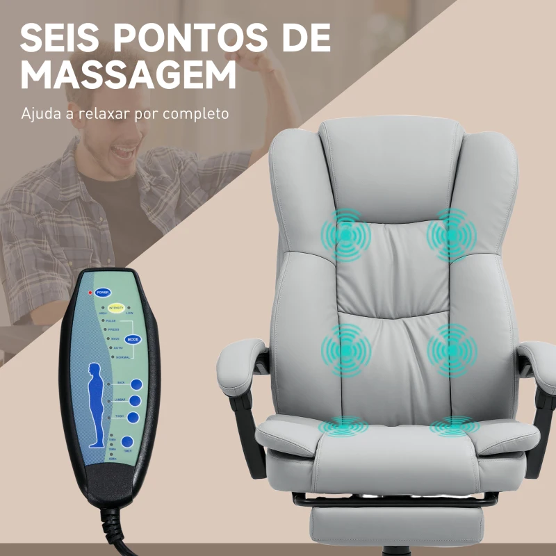 Vinsetto Cadeira de Escritório com Altura Ajustável 6 Pontos de Massagem e Apoio para os Pés Retrátil 68,5x68,5x113-121 cm Cinza