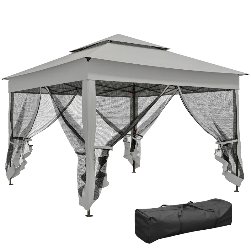 Outsunny Tenda Dobrável Exterior 325x325x270 cm Tenda de Jardim com Teto Duplo Rede Mosquiteira Amovível e Bolsa de Transporte Cinzento