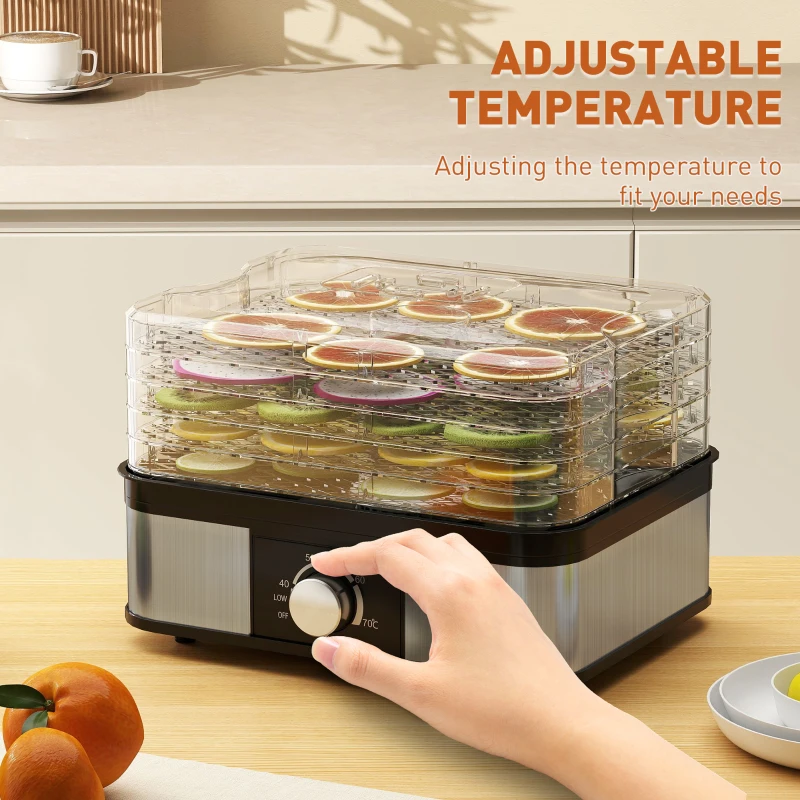 HOMCOM 5 Tier Food Dehydrator, 245W Stainless Steel Food Dryer Machine with Adjustable Temperature for Drying Fruit, Meat, Vegetable, Jerky and Pet Treat, Black