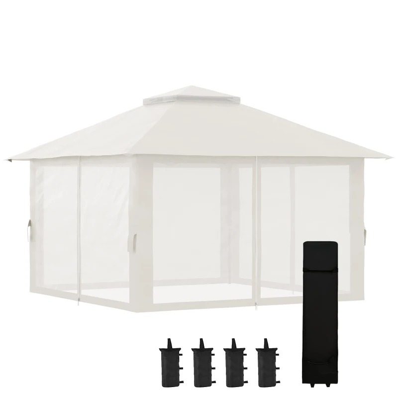 Outsunny Gazebo Pieghevole 4x4 m ad Altezza Regolabile con Zanzariera e Borsa, in Metallo e Tessuto Oxford Crema