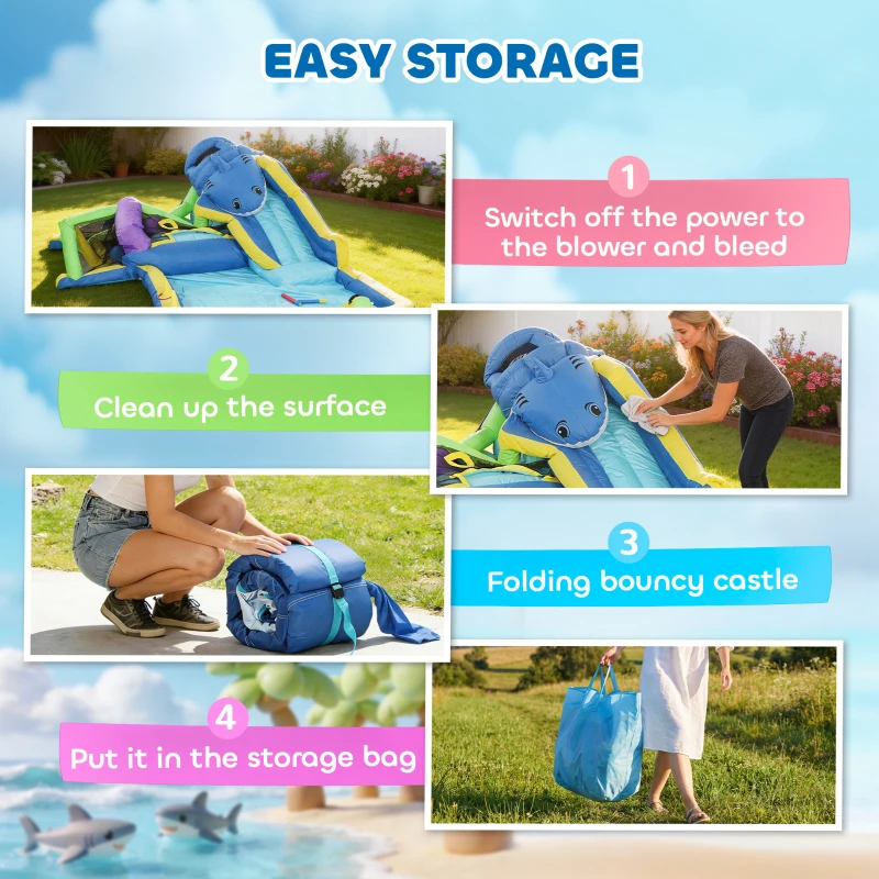 AIYAPLAY Dmuchana zjeżdżalnia 8 w 1 z motywem rekina, dmuchawa, zjeżdżalnia, basen, trampolina dla dzieci 3–8 lat 405x345x235 cm, wielokolorowa