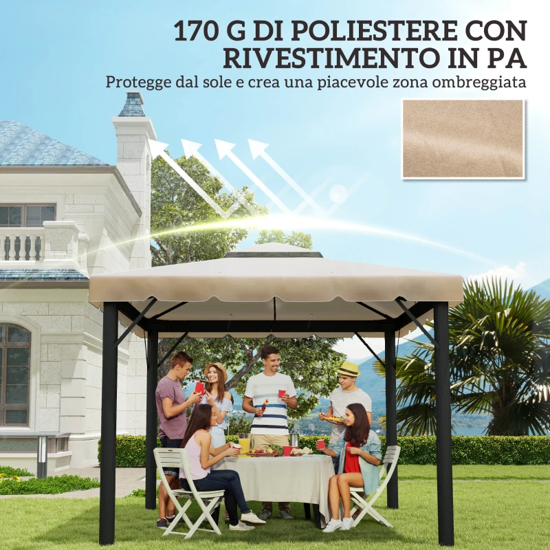 Outsunny Tetto per Gazebo 3x3 m a 2 Livelli con 8 Fori di Drenaggio in Poliestere Cachi