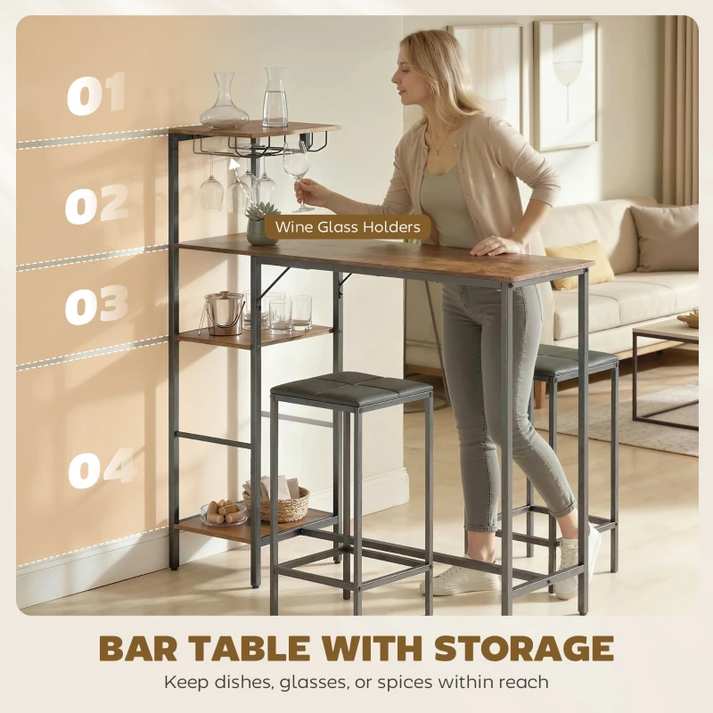 HOMCOM 3 Piece Breakfast Bar Table and Stools Set, Rustic Brown