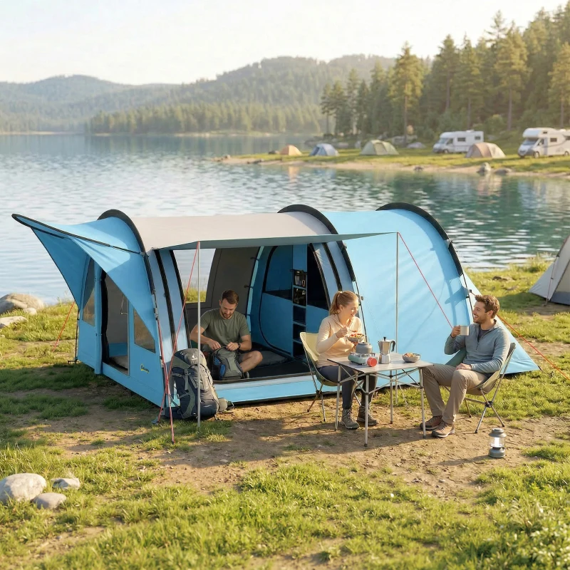 Outsunny Grande Tente Tunnel Camping 4 Personnes 3-4 Saisons Hauteur d'Homme 2 m Séjour XL 3,7 m Imperméable 3000mm Bleu