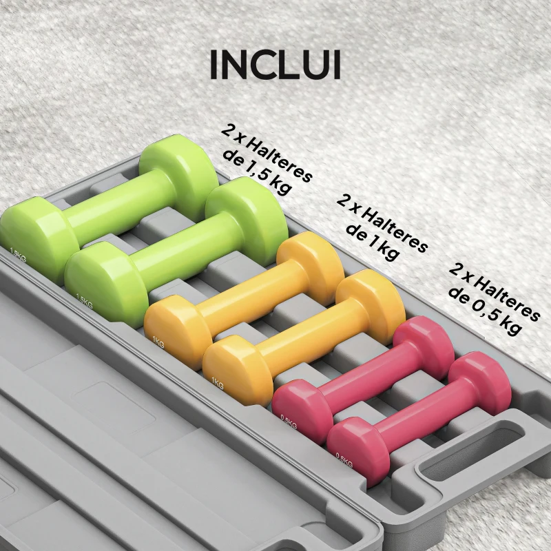 HOMCOM Conjunto de Halteres de 6 Peças Total de 6 kg, 2x1,5 kg, 2x1 kg e 2x0,5 kg, Halteres Hexagonais com Revestimento de PU com Mala para Exercícios em Casa, Ginásio, Multicolor