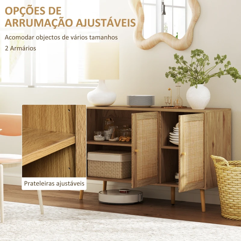 HOMCOM Aparador para Sala de Estar com 3 Portas em Vime Aparador Estilo Boémio, com Prateleiras Ajustáveis 120x40x75 cm Madeira