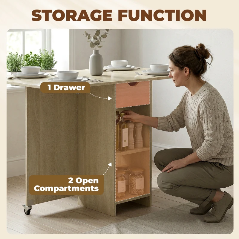 HOMCOM Opvouwbare eettafel voor 2-4 personen, verrijdbare tafel met open vak en lade, ideaal voor kleine ruimtes, natuur