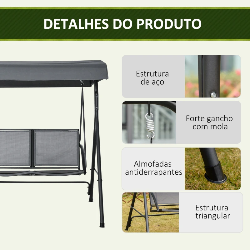 Outsunny Baloiço de Jardim Exterior para 2 Pessoas Toldo Ajustável Estrutura em Aço Assentos de Textilene 140x118x162 cm Cinzento Escuro