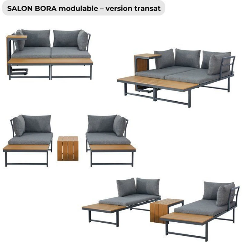 Salon de jardin BORA en aluminium 4 personnes - Modulable en canapé ou en transats