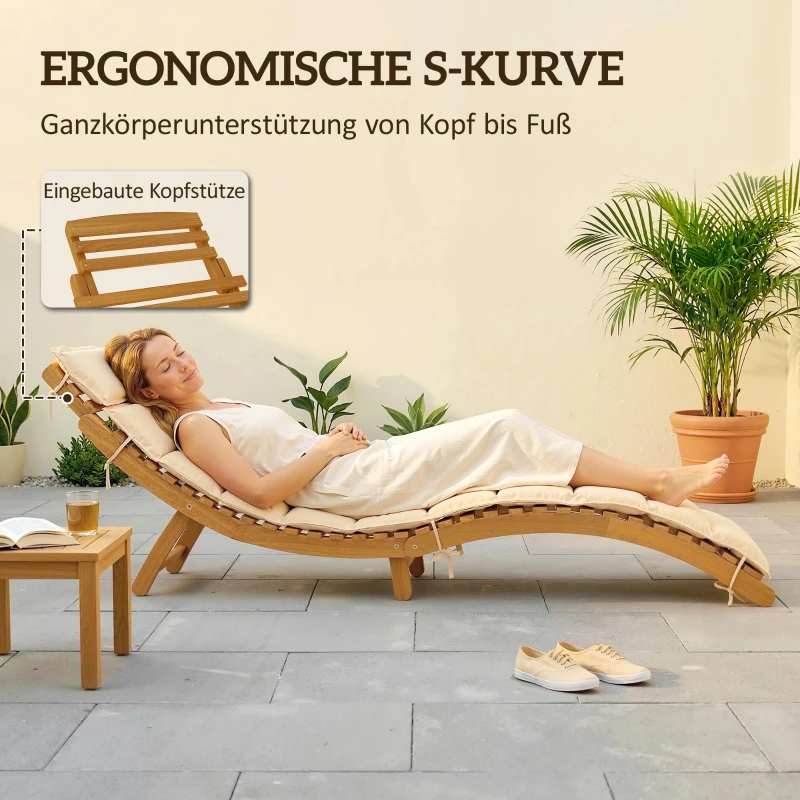Outsunny Sonnenliege klappbare wetterfeste Gartenliege aus Holz mit Polsterung Kopfstütze Tragegriff 183 x 54 x 63 cm, Beige