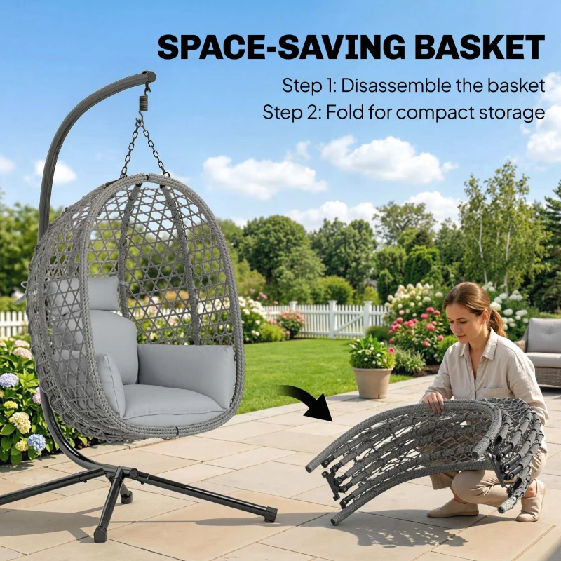 Outsunny Hanging Egg Chair, Indoor Outdoor Rattan Hammock Swing Chair with Stand, Safety Strap, Foldable Basket, Dark Grey