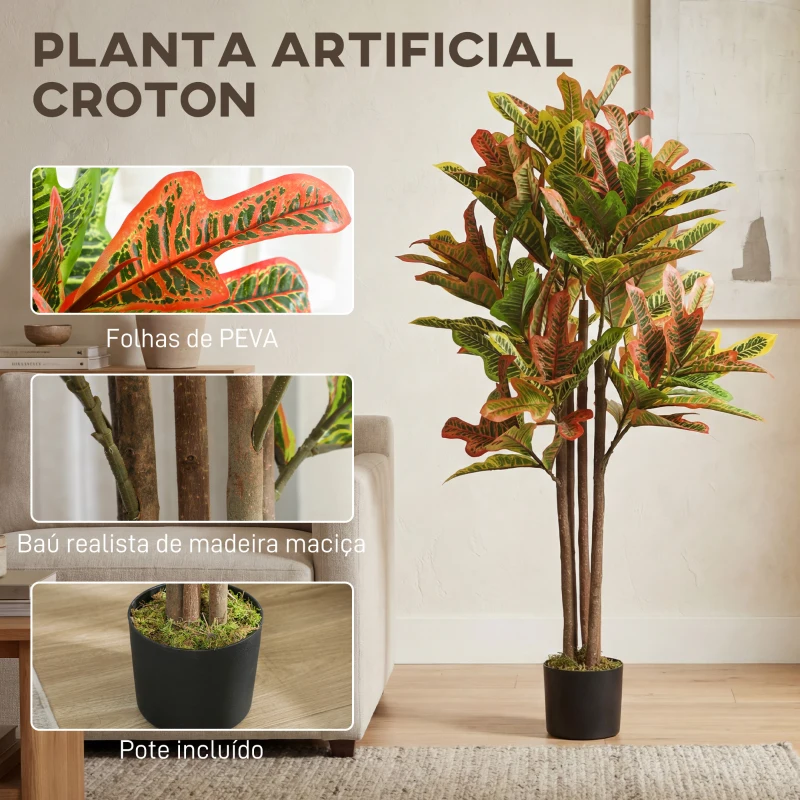 HOMCOM Planta Artificial 120 cm Planta Decorativa com Vaso e Folhas para Decoração Interior Casa Escritório Sala de Estar Multicolor