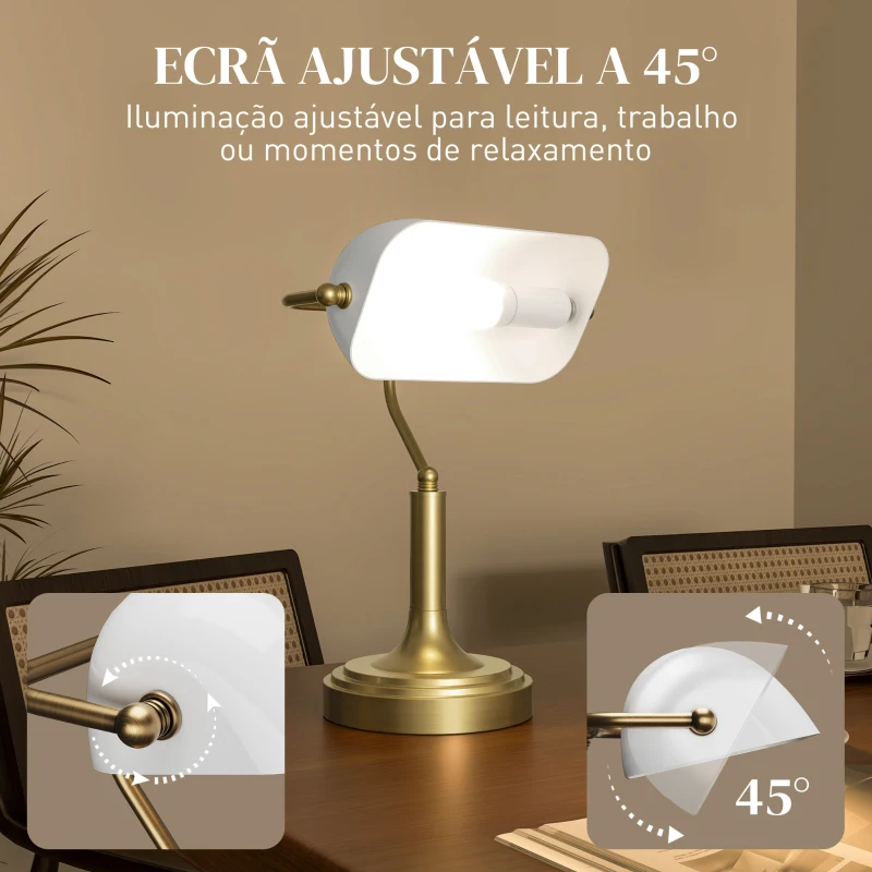 HOMCOM Candeeiro de Mesa Banqueiro Candeeiro de Mesa Vintage E27 com Ecrã Orientável a 45° 26,8x22x39,5 cm Branco
