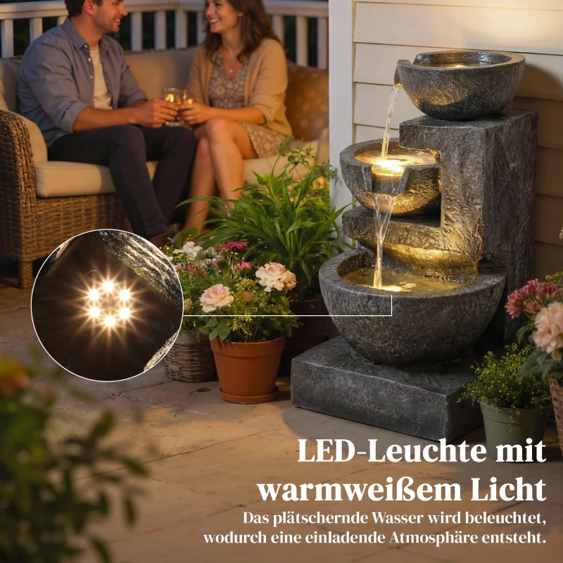 Outsunny Springbrunnen 3-stufig Gartenbrunnen mit LED Beleuchtung Pumpe Steinoptik, Verstellbar 40 x 37 x 61 cm