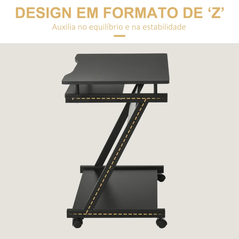HOMCOM Secretária para Computador com Rodas 60x48 cm com Prateleira Deslizante para Teclado e Prateleira Inferior Estrutura Metálica Preto