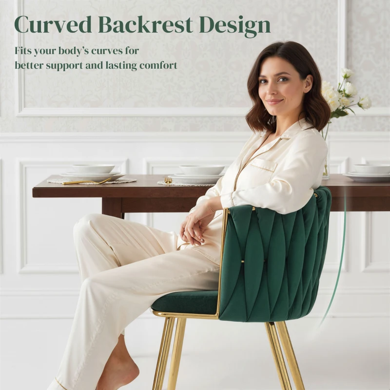 HOMCOM Velvet-Feel Dining Chairs Set of 2, Modern Upholstered Armchair with Knot Design and Golden Metal Legs, Accent Chair for Dining Room, Bedroom, Kitchen, Living Room, Dark Green