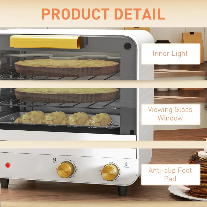 HOMCOM Small Toaster Oven, 12L Multifunction Mini Countertop Oven with Glass Door, Adjustable Temperature and Timer, White